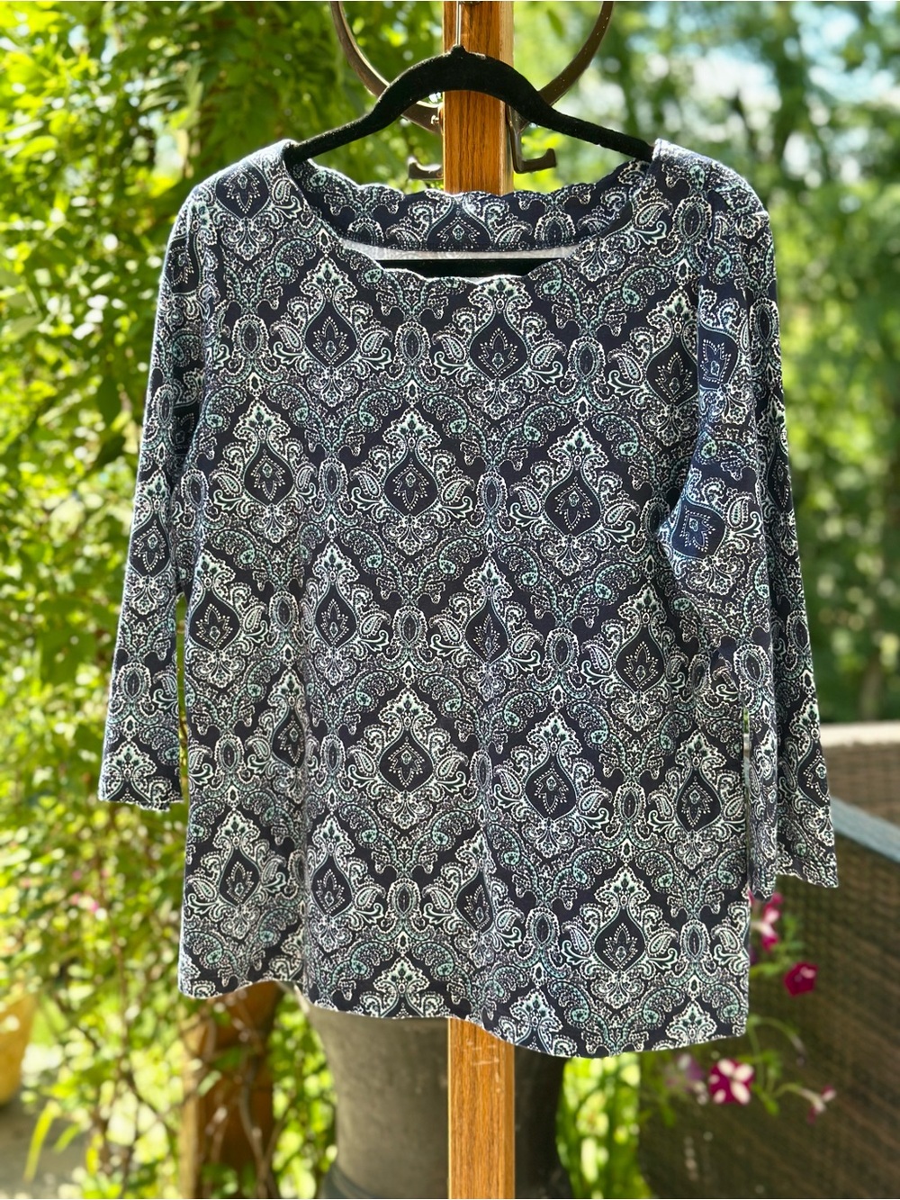 Kim Rogers Petite Paisley Knit Top PM Navy Blue 3 4 Sleeve Stretch